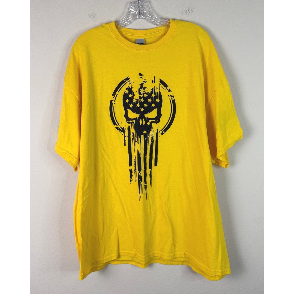 Gildan T-Shirt Mens XL Yellow Skull American Flag Graphic Dignity Wear Short Slv